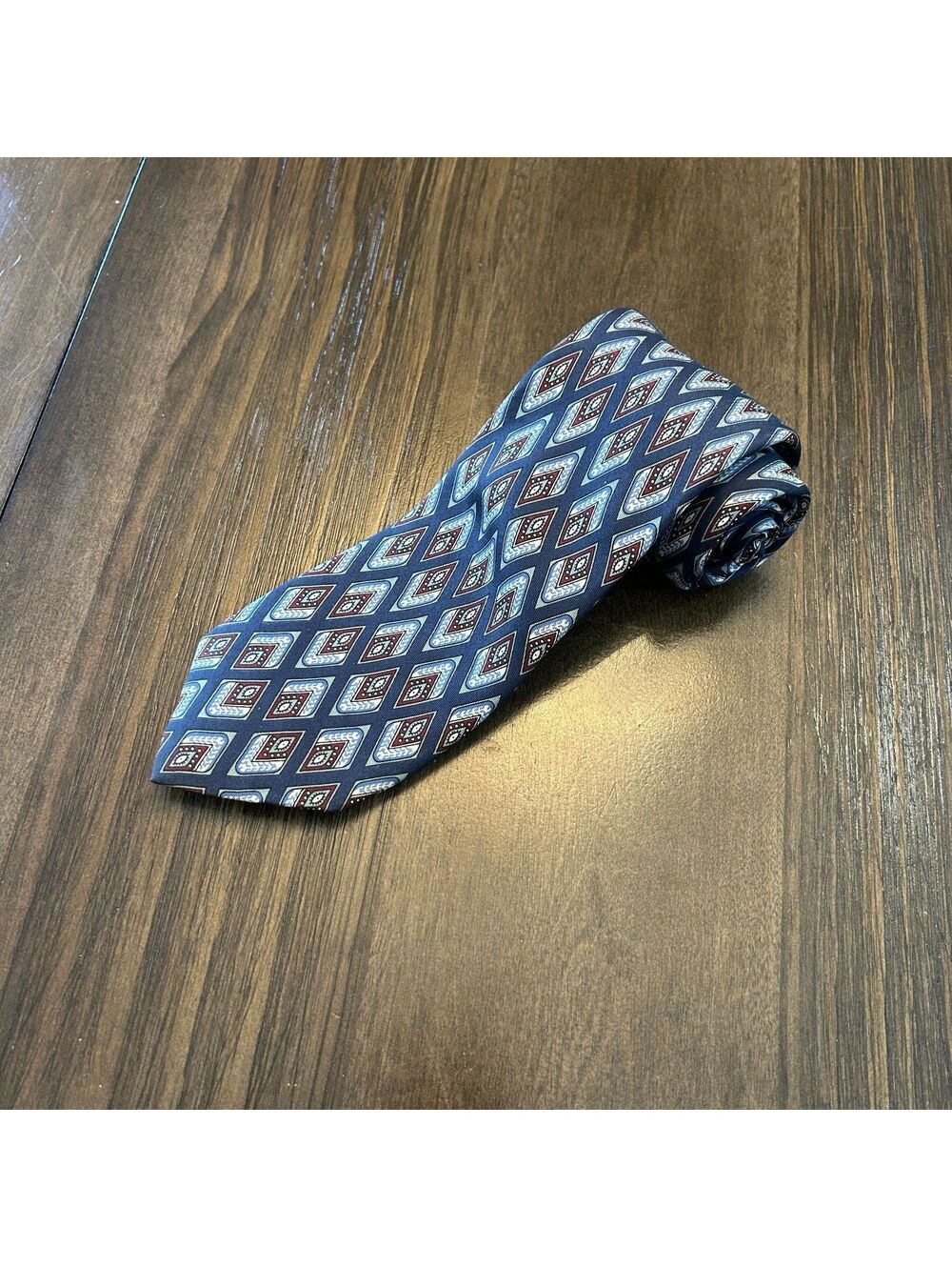 Vintage 90s Robert Talbott The Ascot Shop 100% Silk Geometric Print Tie Navy